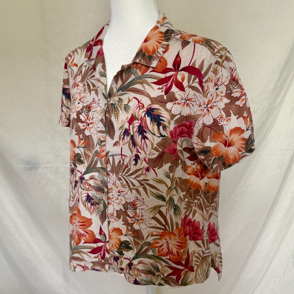 Vintage 100% linen button down shirt womens L Petite beige floral tropical